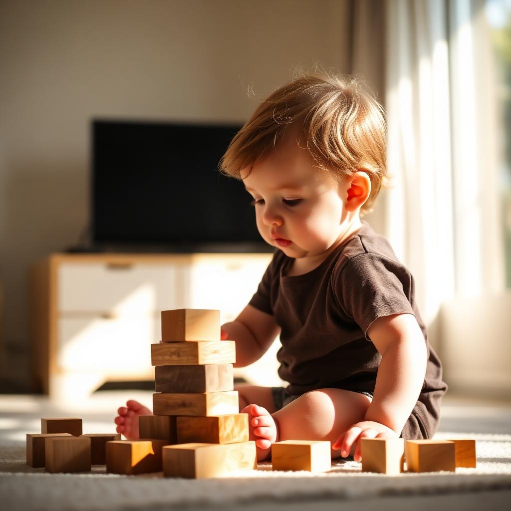 Toddler playing quietly with wooden blocks in the calm morning before a single midday nap