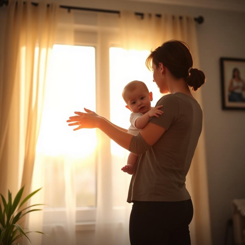 Parent dancing slowly with a fussy baby near a sunlit window during evening witching hour