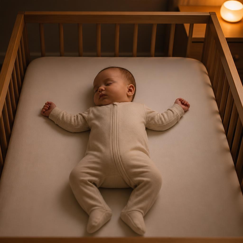 Baby sleeping in cot with soft glowing speaker beside